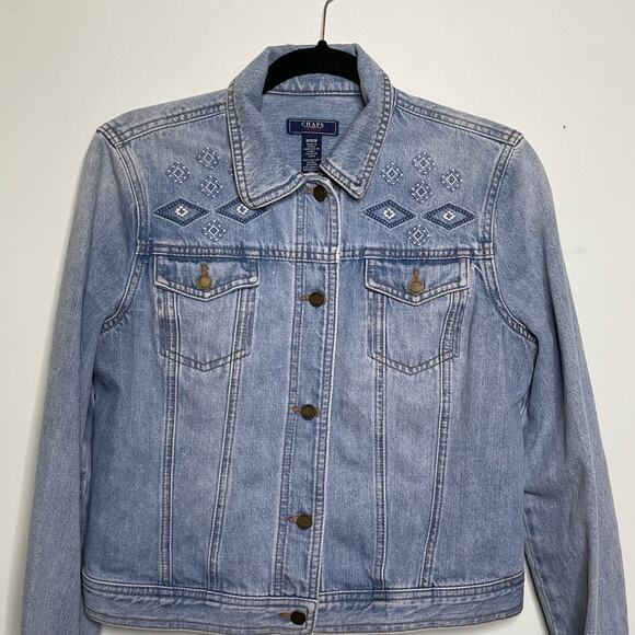 Chaps Vintage Cropped Trucker Denim‎ Jacket Embroidery Detail Collared Blue M - Picture 4 of 11